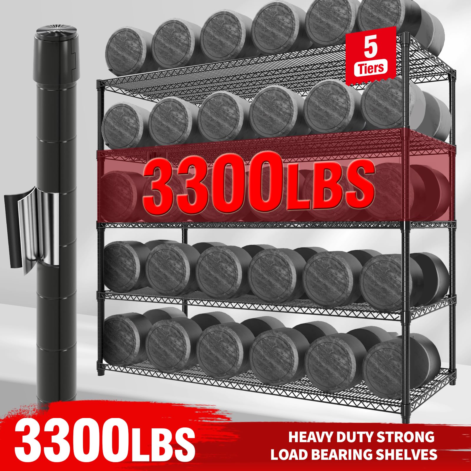 Étagère métallique robuste Garvee, 5 niveaux, capacité de charge de 1500 kg, hauteur réglable, acier, roulettes et pieds fixes pour garage et entrepôt, grand format, couleur acier