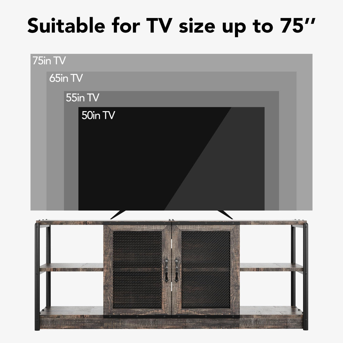 Garvee Meuble TV style ferme pour téléviseurs 65/191 cm avec portes en maille, console multimédia de style industriel, meuble de salon, bois durable