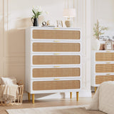 Garvee Commode en Rotin 5 Tiroirs Grande Capacité Pieds Métalliques Robustes Bois Naturel Pour Chambre et Salon - Blanc