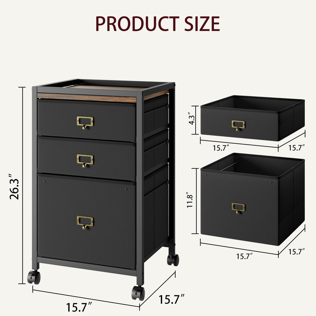 Garvee Caisson de classement mobile avec roulettes, cadre métal, plateau MDF, compatible A4/Lettre, noir rustique, bureau maison, 3 tiroirs