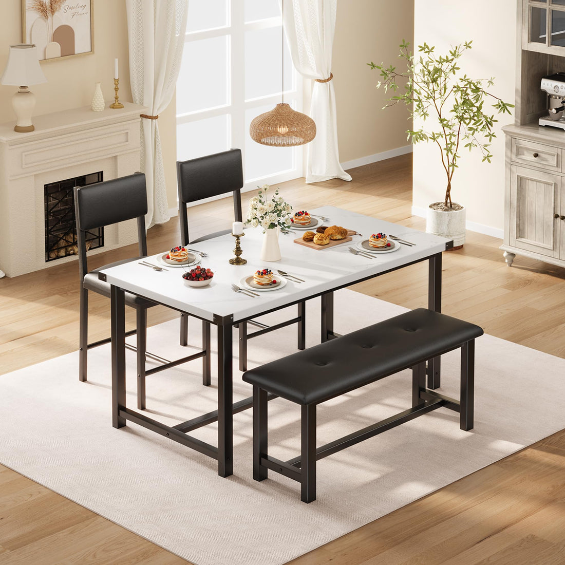 Garvee Ensemble salle à manger 4 personnes avec table, 2 chaises et banc rembourrés, MDF gris, structure robuste en H, idéal cuisine et petits espaces.