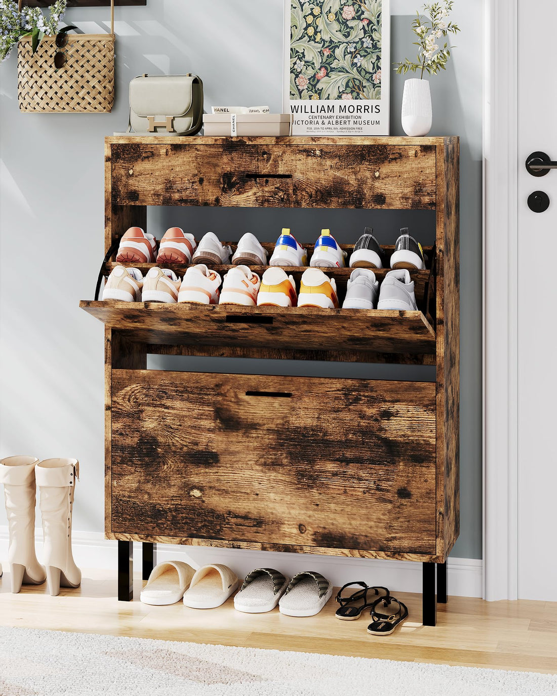 Meuble à chaussures étroit en bois Garvee avec 3 tiroirs, anti-basculement, pour entrée et couloir, multicolore