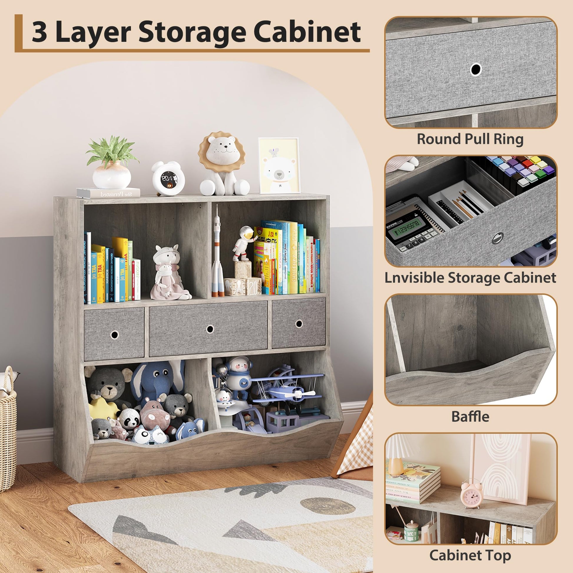 Grand meuble de rangement pour jouets Garvee à 7 compartiments et 3 tiroirs, idéal pour la salle de jeux et le couloir, gris, 93 cm (L) x 39 cm (l) x 93 cm (H)