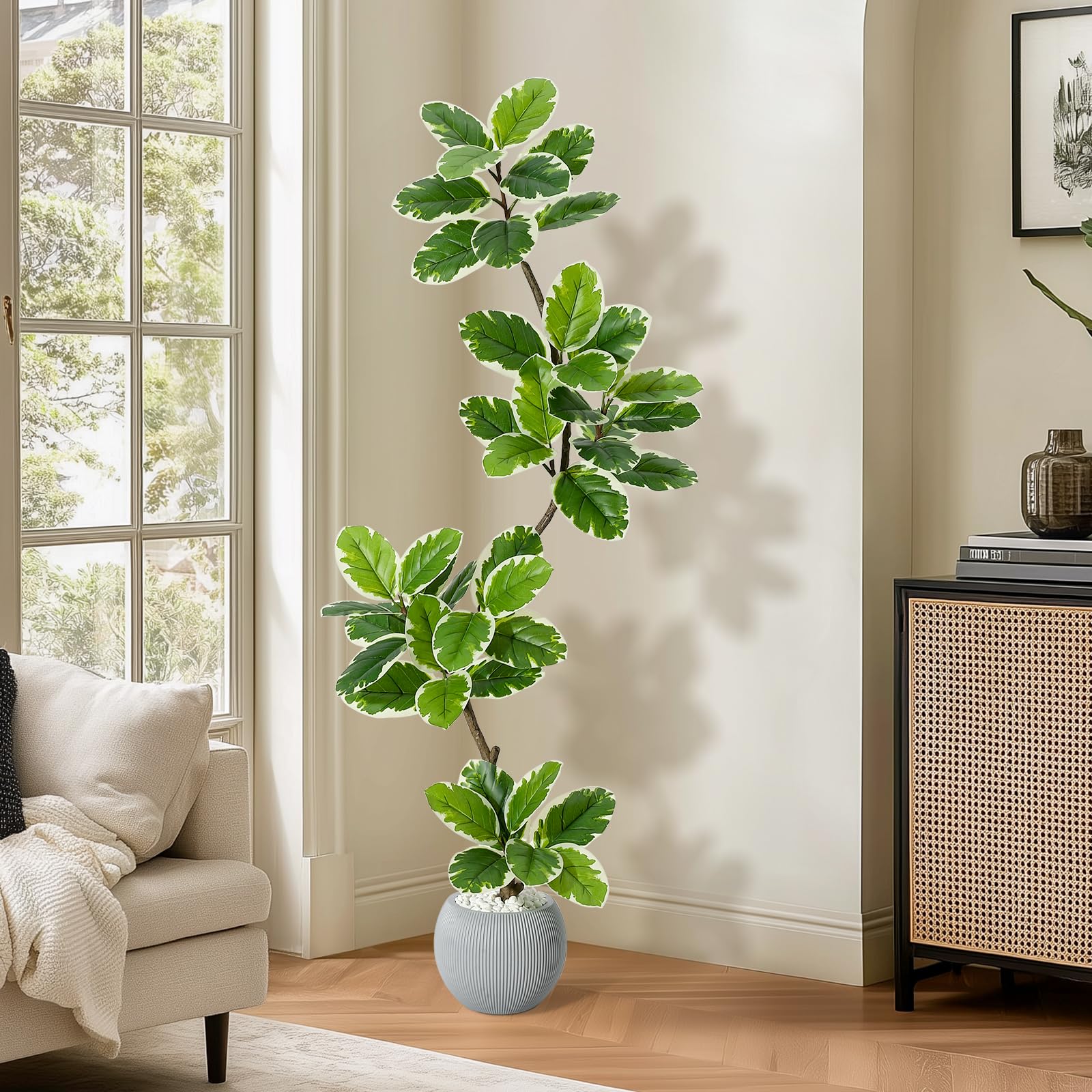 Ficus lyrata artificiel Garvee 1,5 m avec pot sphérique, vert, 47 feuilles, pour salon ou bureau