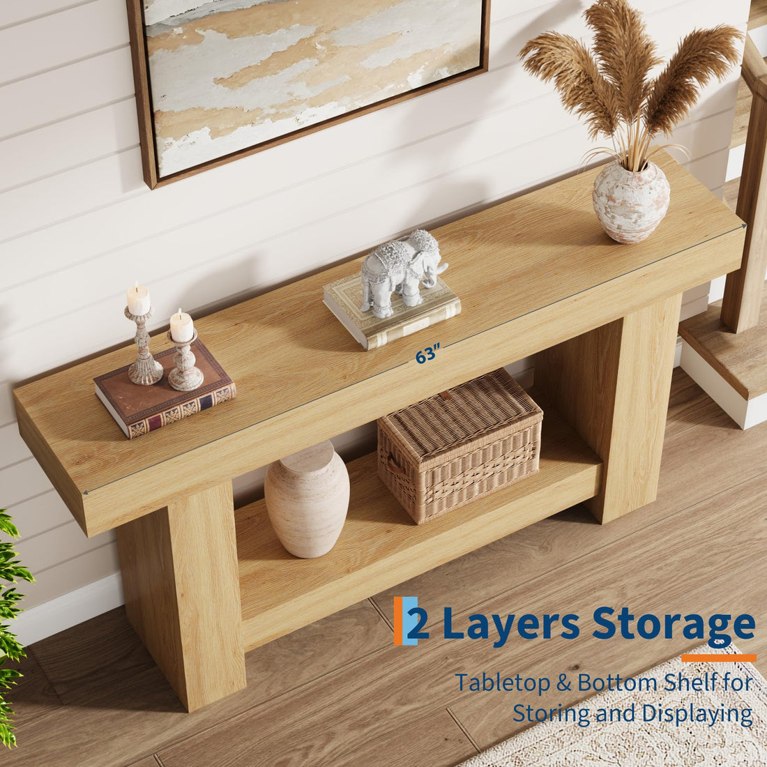 Garvee Console 160 cm pour entrée, 2 étagères, base stable, style rustique, rectangulaire, coloris bois, pour le salon et l'entrée