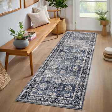 Tapis de couloir vintage lavable Garvee 60x230cm, antidérapant et doux, bleu, facile d'entretien et durable.