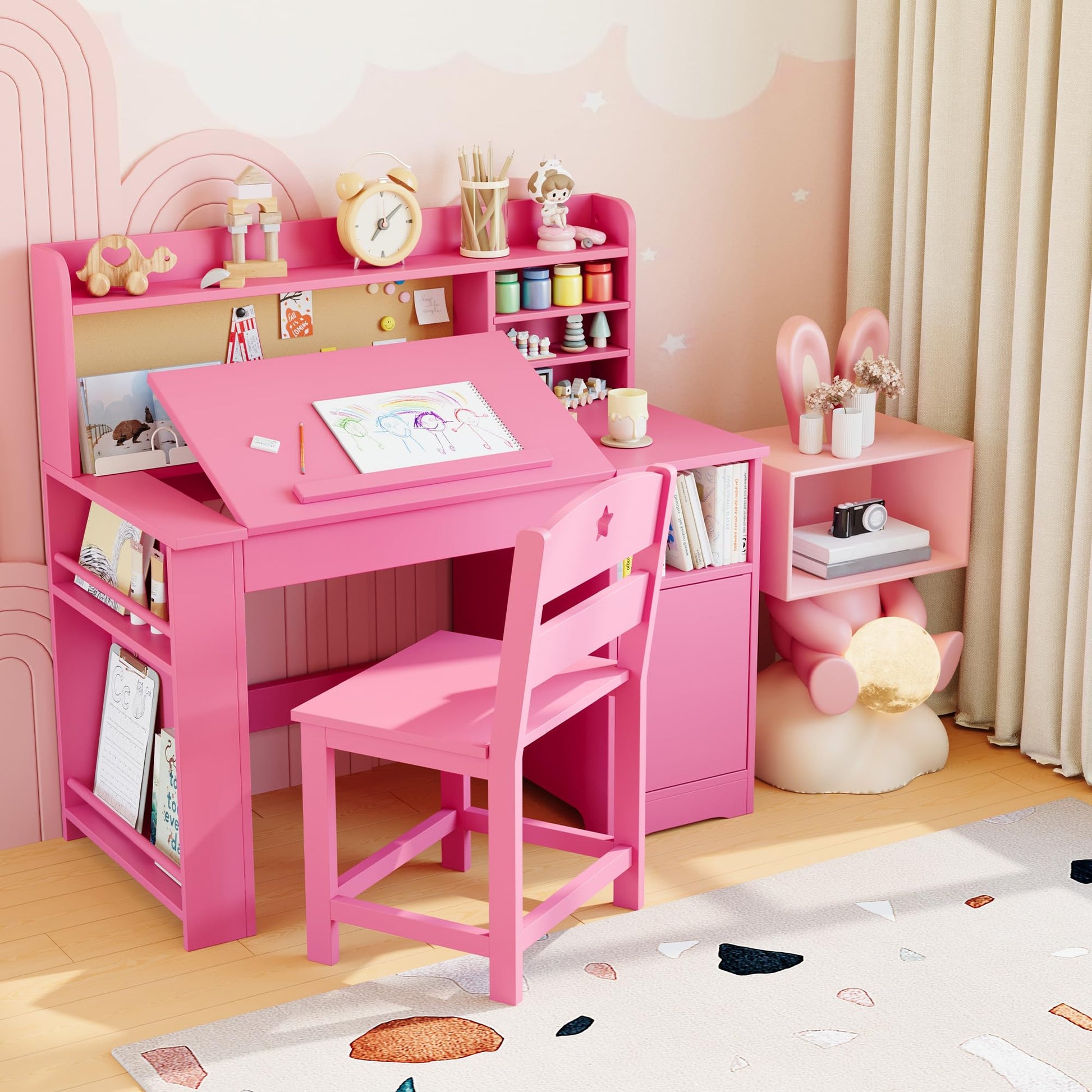 Garvee Bureau enfant ergonomique rose avec chaise, plateau inclinable et meuble de rangement, idéal pour étude, devoirs et activités créatives