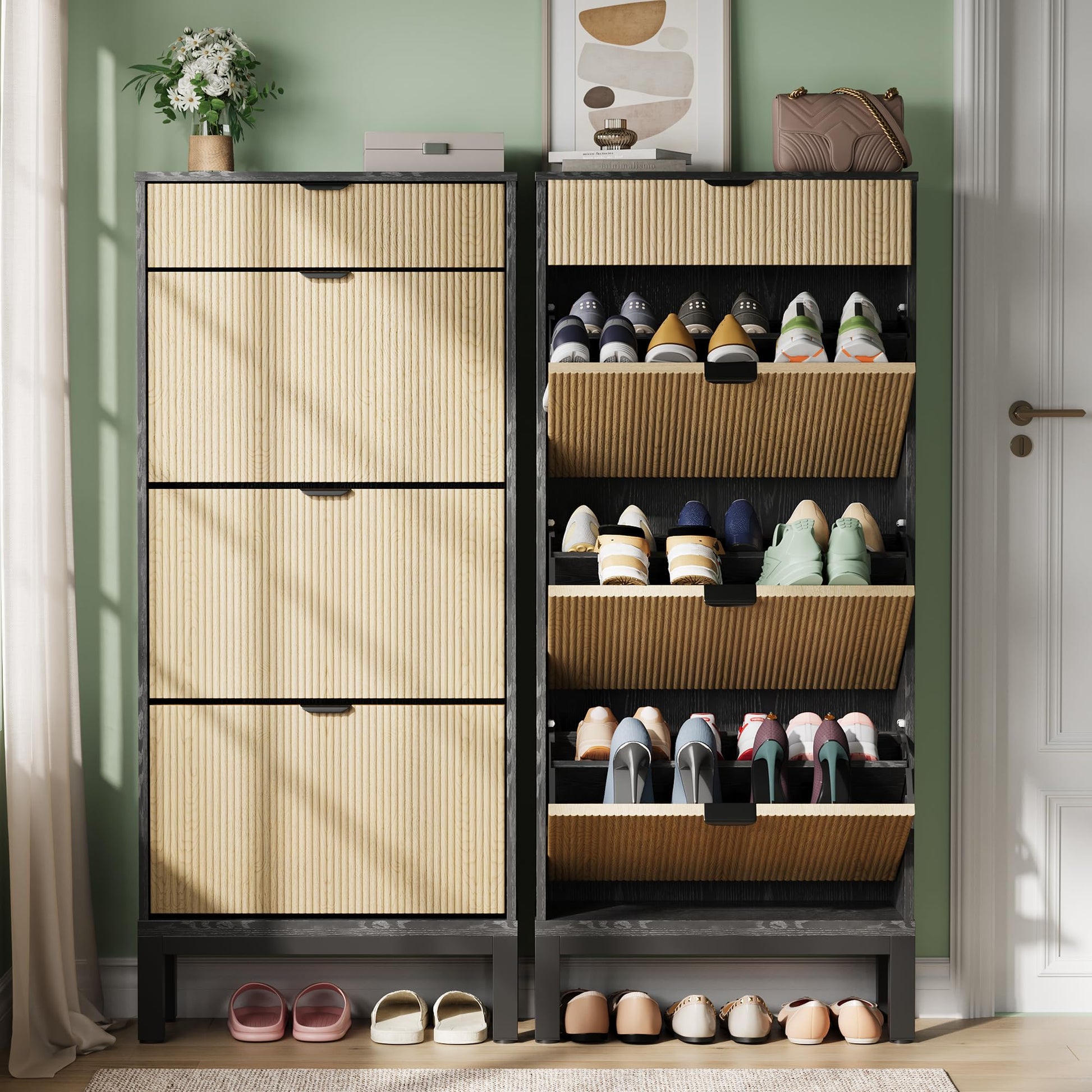 Meuble à chaussures Garvee avec 3 portes à charnières et 1 tiroir pour entrée et couloir, grand format, bois et fer, design fin
