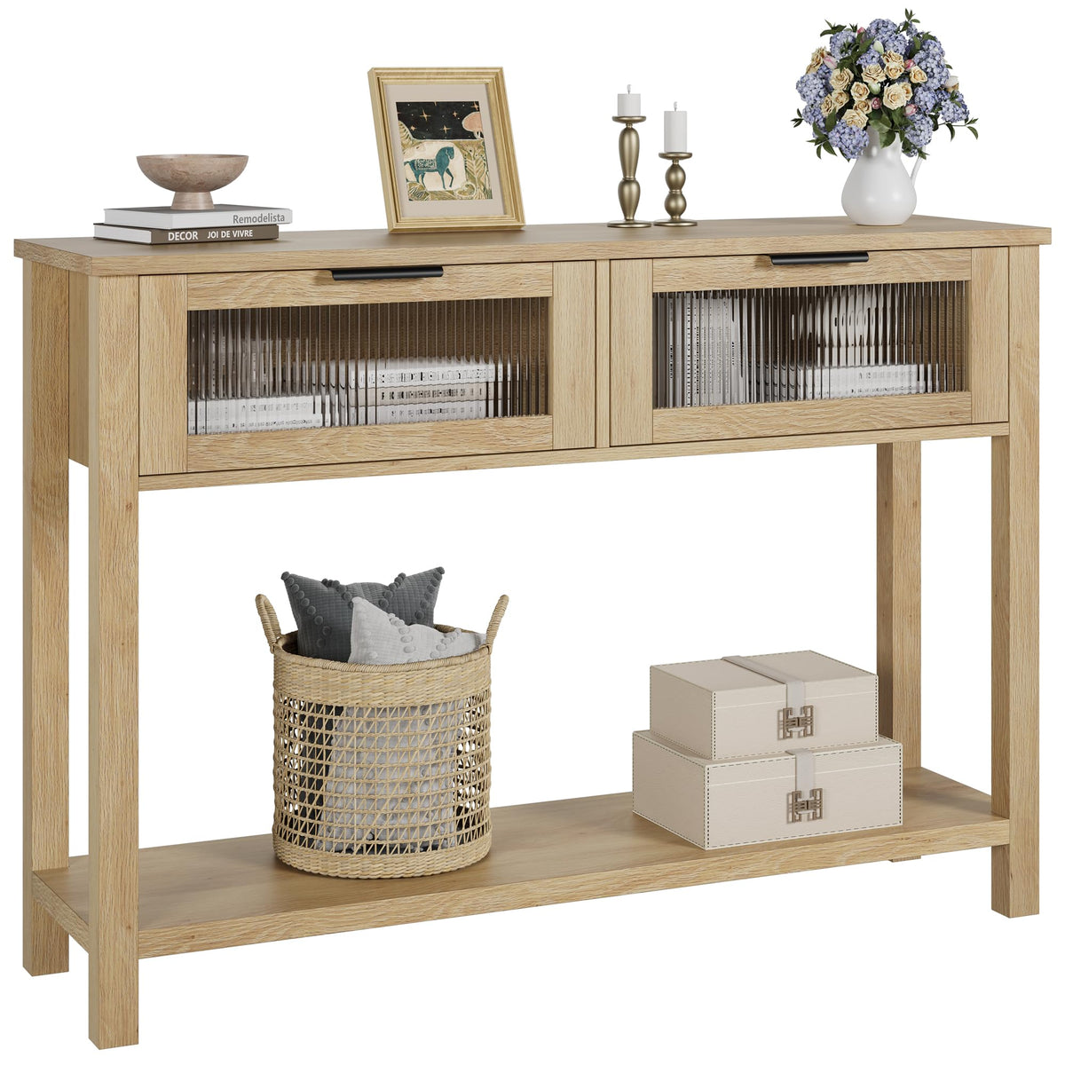 Garvee Console en MDF Bois naturel avec 2 Tiroirs à Façades en Verre, L. 110 × P. 30 × H. 80 cm, Meuble de Rangement pour Salon et Entrée
