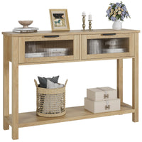 Garvee Console en MDF Bois naturel avec 2 Tiroirs à Façades en Verre, L. 110 × P. 30 × H. 80 cm, Meuble de Rangement pour Salon et Entrée