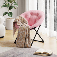 Fauteuil Garvee Saucer Lounge Chair avec structure dorée, revêtement surdimensionné en fausse fourrure, pliable pour chambre et salon, rose