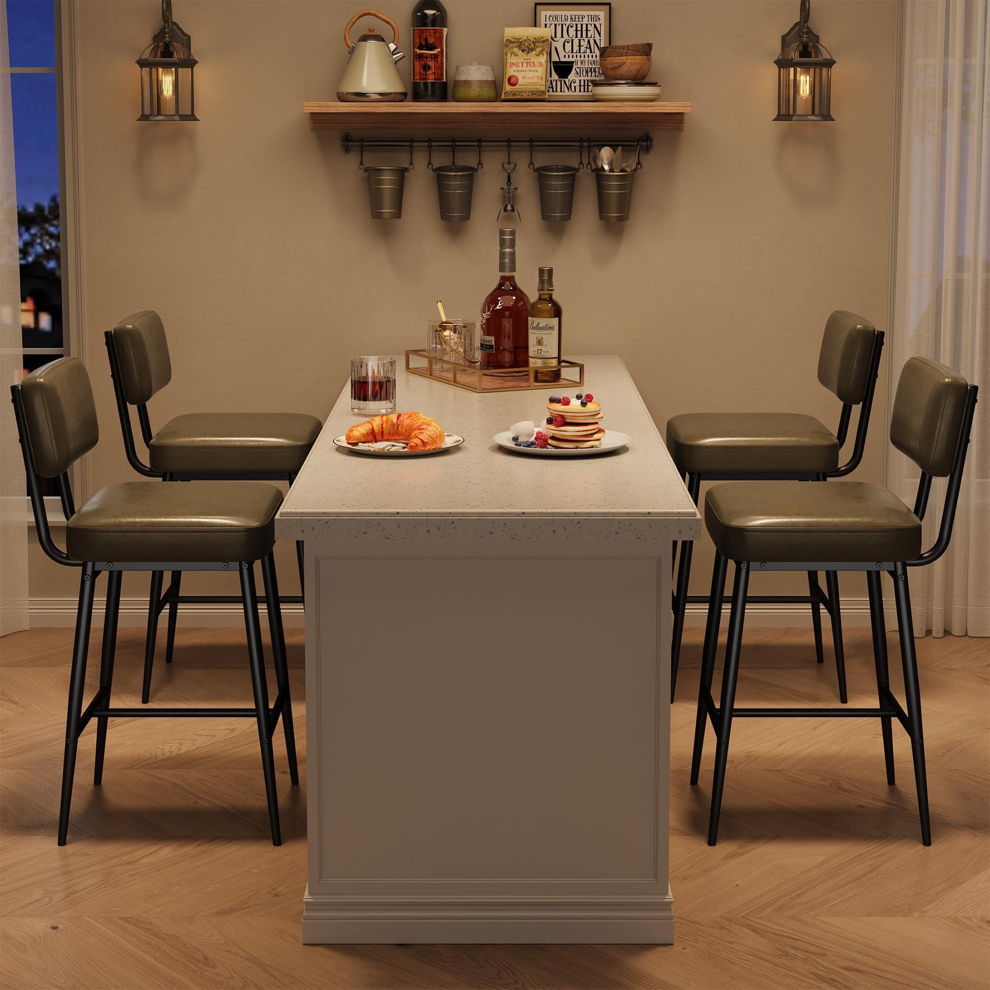 Ensemble de 2 tabourets de bar Garvee, 66 cm (26 po) en similicuir, dossier ergonomique, pieds en métal, style moderne pour îlot de cuisine et bar, noir