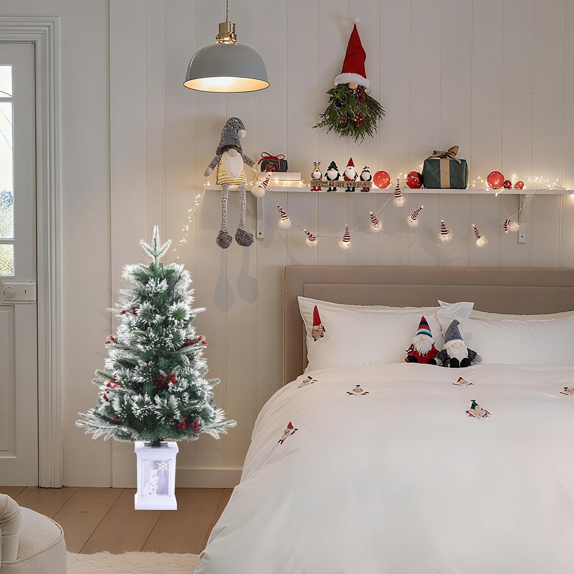 Sapin de Noël artificiel Garvee, lot de 2 – 90 cm, 78 LED à fibre optique (blanc chaud), 8 modes d'éclairage, boîte avec lampe bonhomme de neige
