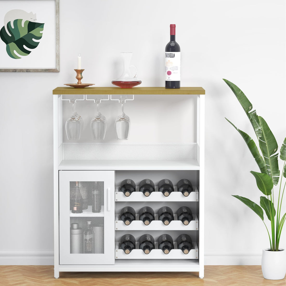 Garvee Meuble bar à vin, 3 niveaux avec casier à vin amovible pour cuisine et bar, 69cm L x 35cm P x 92cm H, blanc, MDF robuste et fer