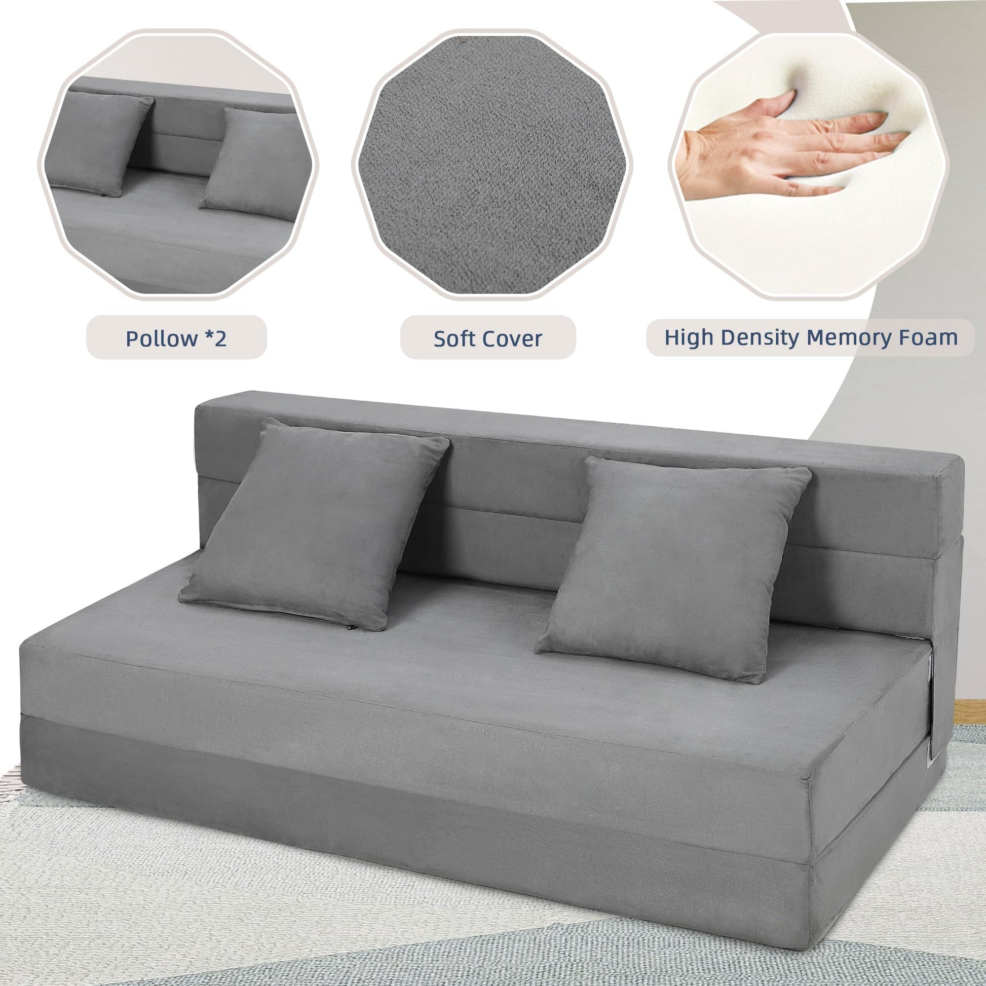 Canapé-lit pliable Garvee avec coussins en mousse à mémoire de forme, ergonomique et polyvalent pour le salon et le bureau, 203 x 152 x 15 cm, gris