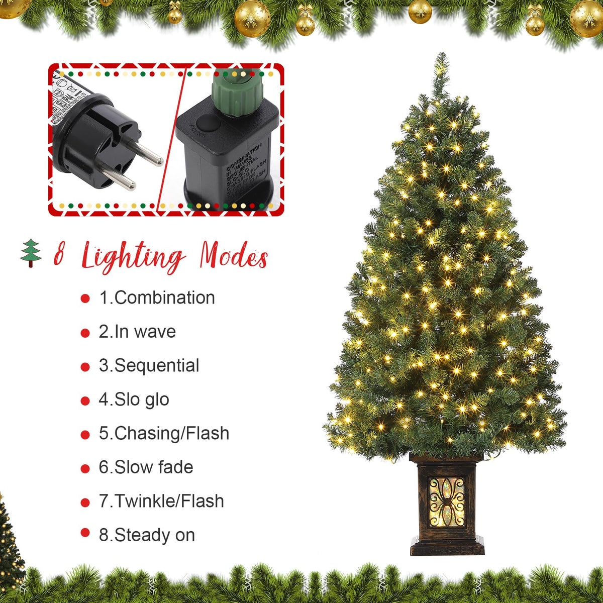 Garvee sapin de Noël vintage de 145 cm avec structure en métal, 300 LED, 8 modes d'éclairage, prise européenne et boîte lumineuse en forme d'oiseau à neuf têtes