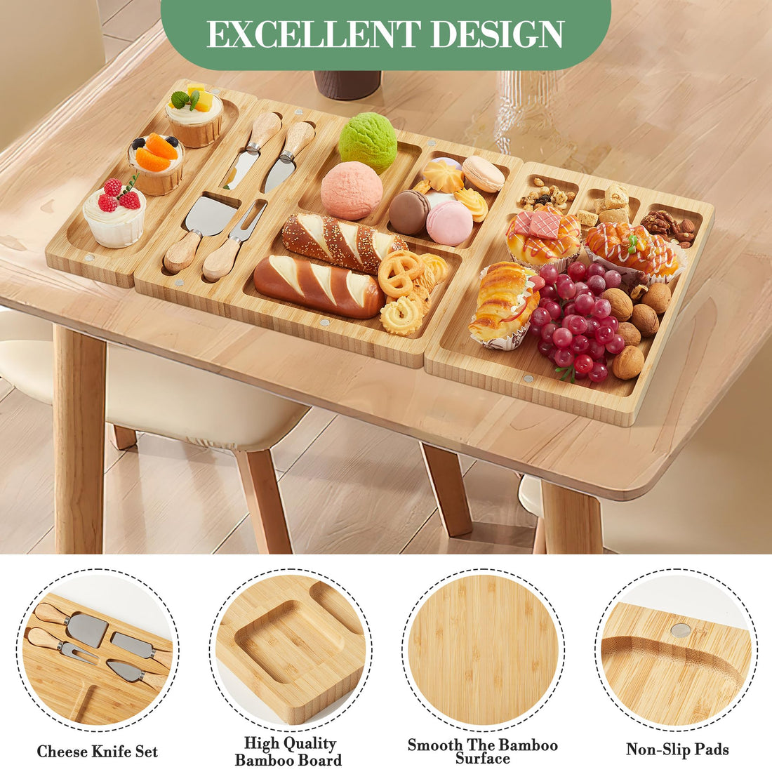 Planche à charcuterie 3 en 1 Garvee en bambou avec couteau, grande taille (64 x 32 cm), magnétique, lisse et résistante, idéale pour les fêtes et les cadeaux.