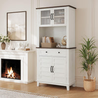 Armoire de cuisine Garvee de 183 cm de haut avec compartiment micro-ondes, espace de rangement, bois, tiroirs, portes vitrées, blanc, salle à manger