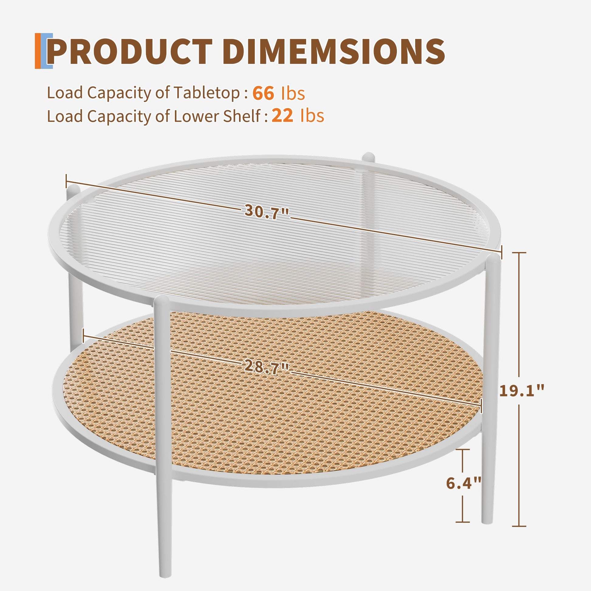 Table basse Garvee en rotin de 76 cm (30 po) avec structure en métal et plateau en verre résistant à la chaleur, idéale pour le salon et le bureau, blanche, 76 cm (30 po)