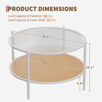 Table basse Garvee en rotin de 76 cm (30 po) avec structure en métal et plateau en verre résistant à la chaleur, idéale pour le salon et le bureau, blanche, 76 cm (30 po)