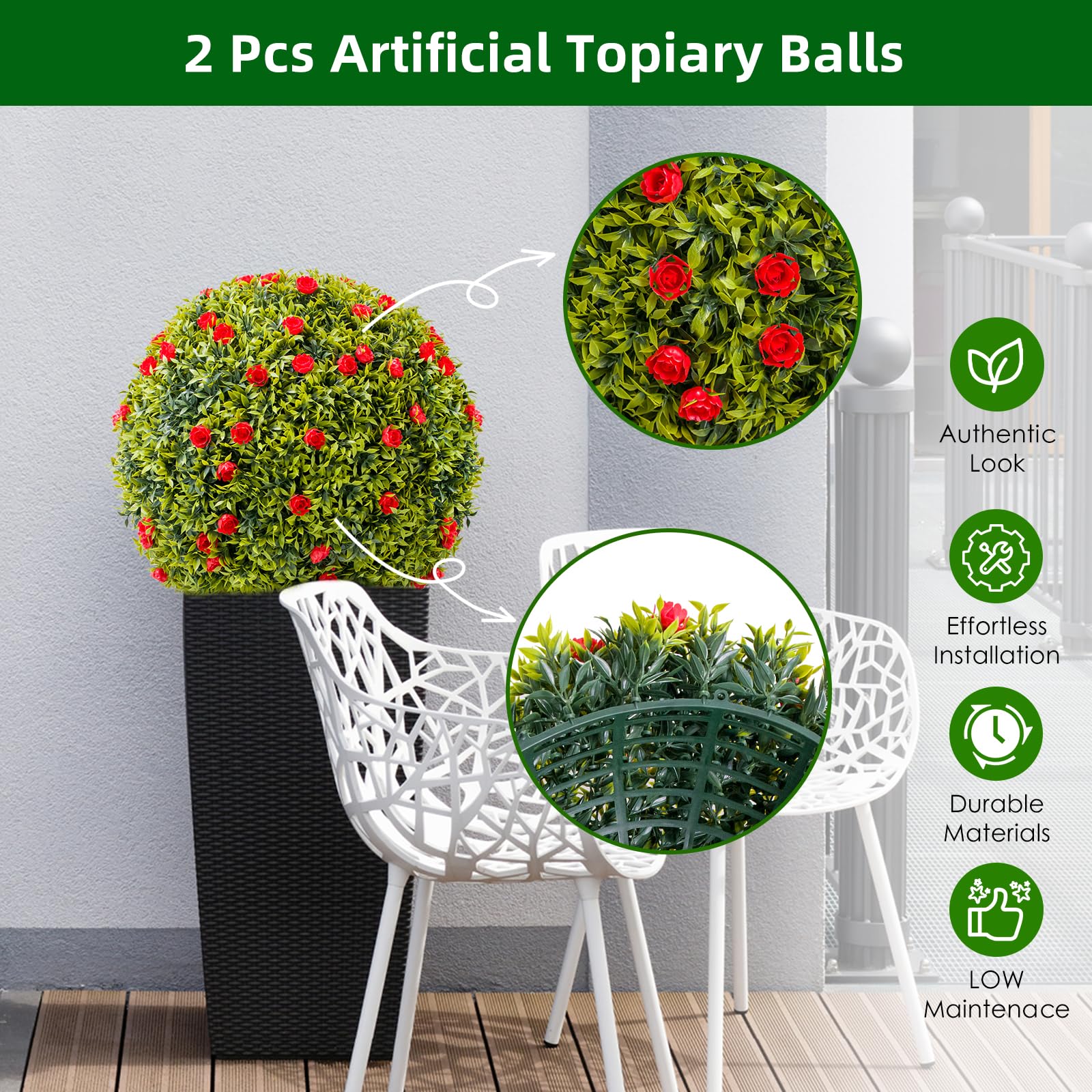 Garvee Lot de 2 boules de buis artificiel de 52 cm (20,5 po) avec fleurs rouges pour balcon et jardin, en PE vert