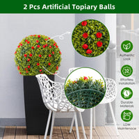 Garvee Lot de 2 boules de buis artificiel de 52 cm (20,5 po) avec fleurs rouges pour balcon et jardin, en PE vert