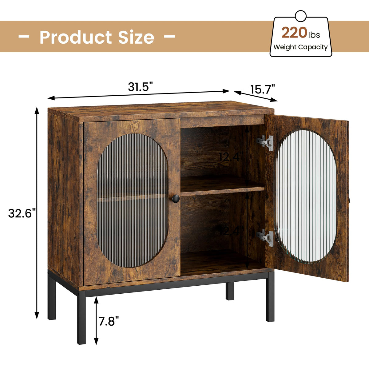 Garvee buffet avec façade en verre et étagère réglable, 80 cm, pour salon et cuisine, brun rustique