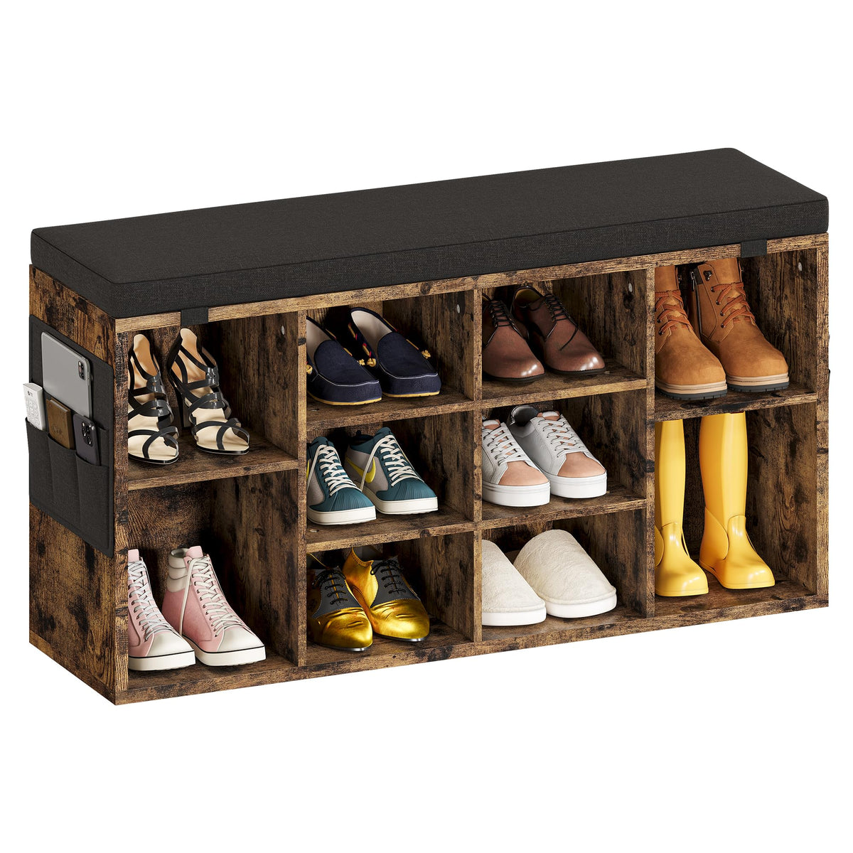 Garvee Banc à chaussures avec coussin, 3 étagères réglables, 10 compartiments, bois robuste, housse lavable, marron, 104 cm, pour entrée et chambre