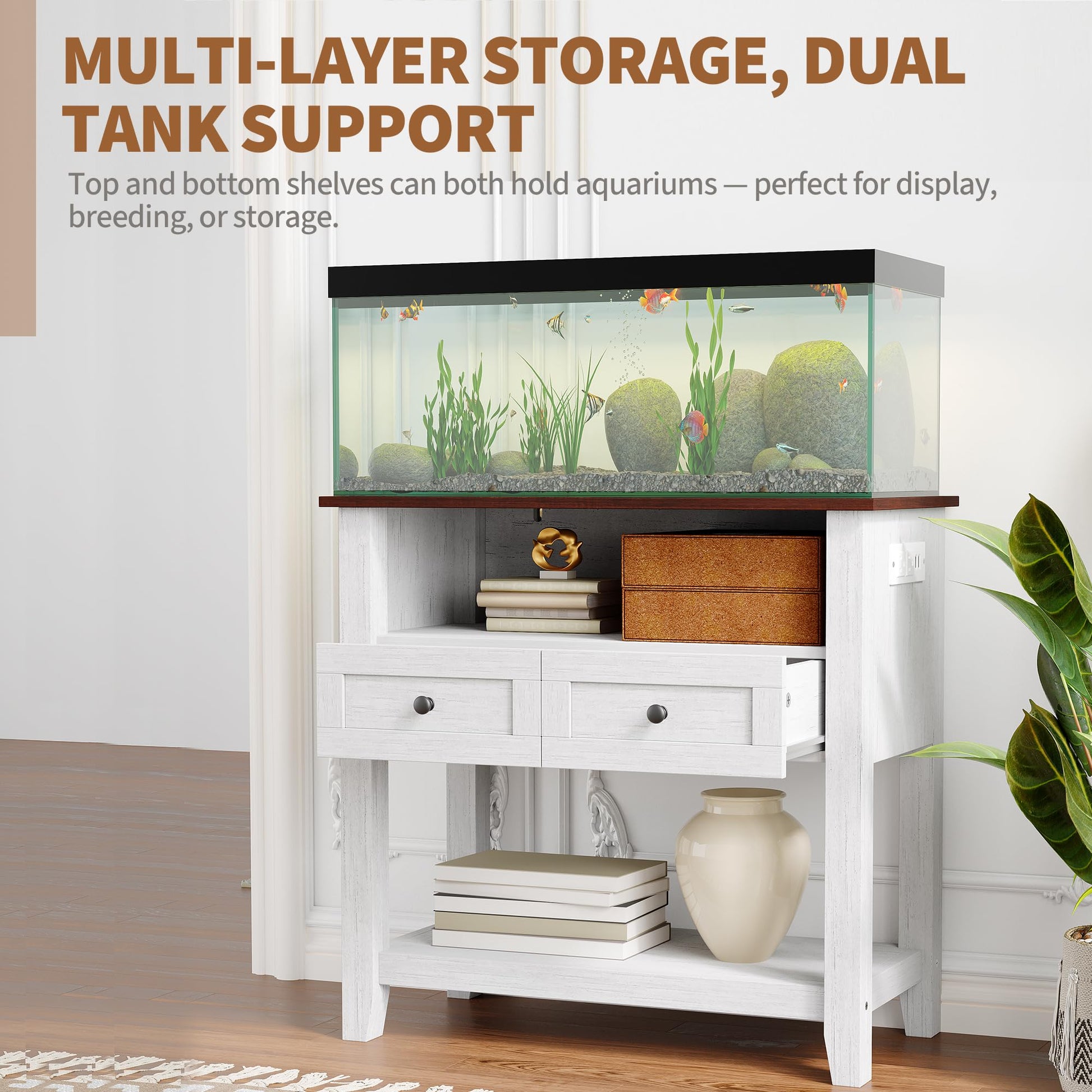 Meuble pour aquarium Garvee 20-29 gallons avec station de charge, tiroirs magnétiques, bois, salon et bureau, 80 x 40 x 78 cm, marron