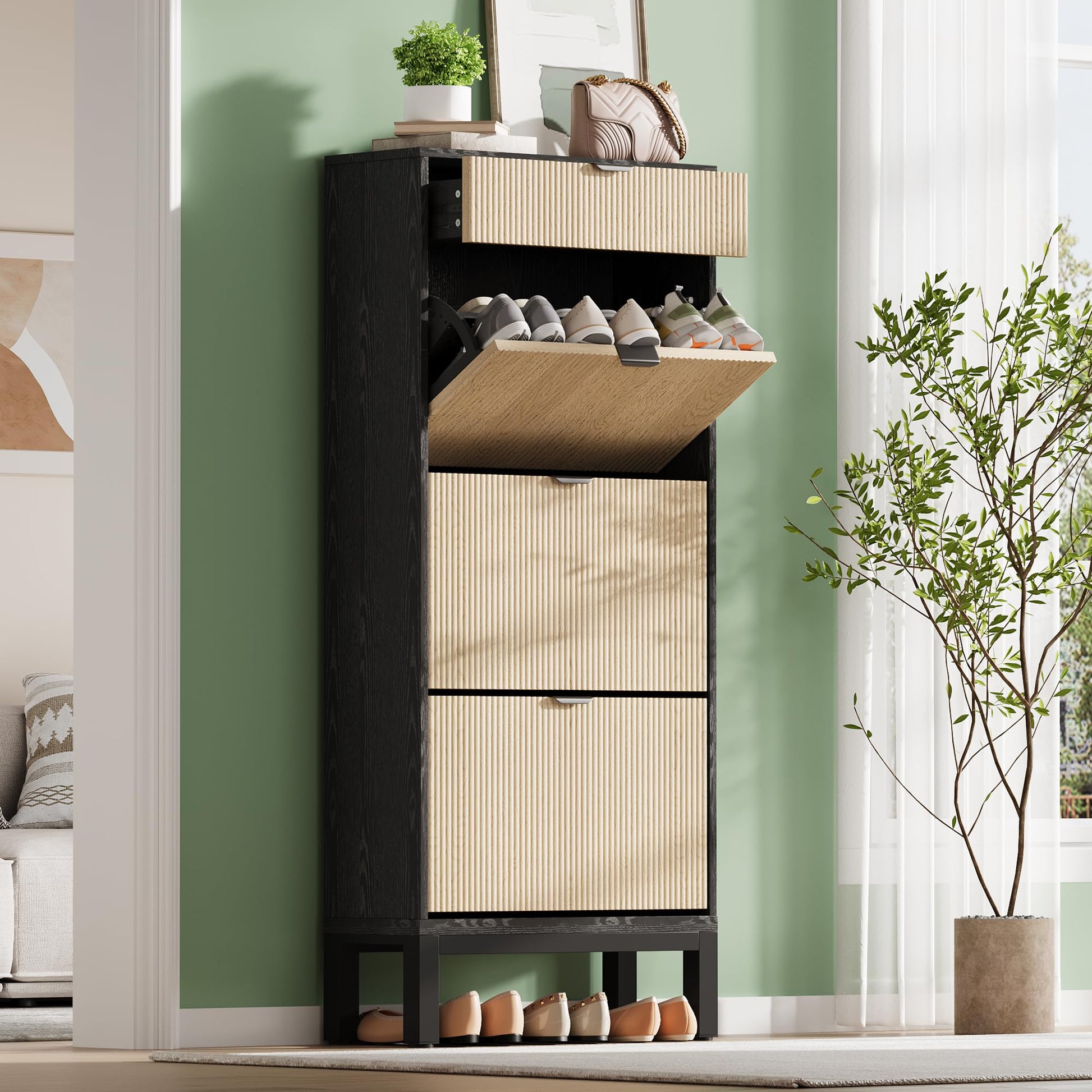 Meuble à chaussures Garvee avec 3 portes à charnières et 1 tiroir pour entrée et couloir, grand format, bois et fer, design fin