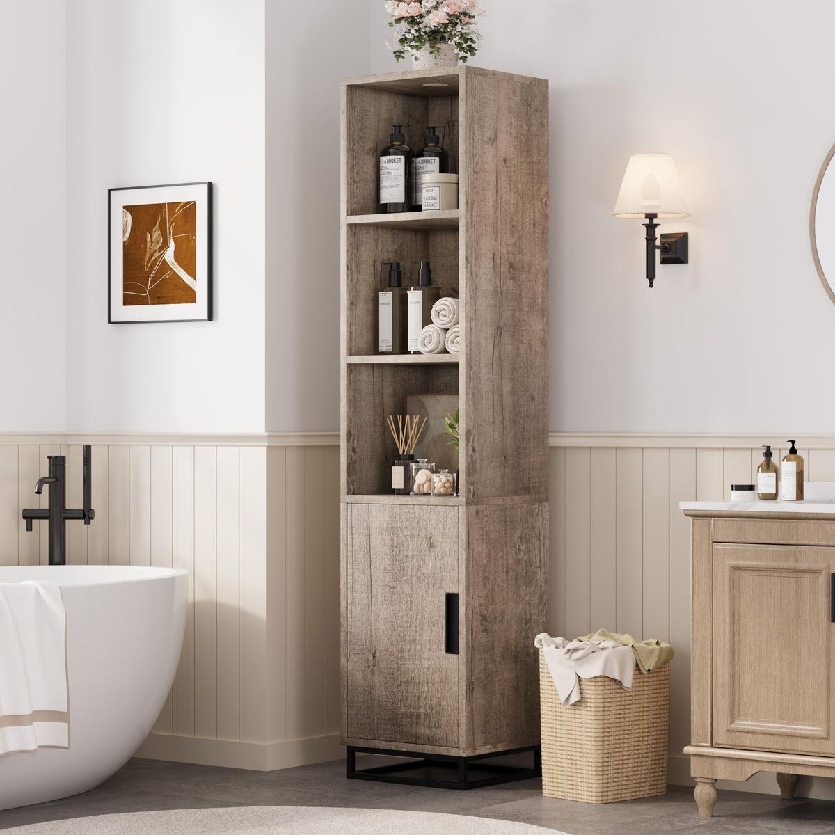 Armoire de salle de bain haute Garvee 70 po étroite avec porte et étagère réglable, en bois noir de style champêtre moderne, idéale pour la cuisine et le salon.