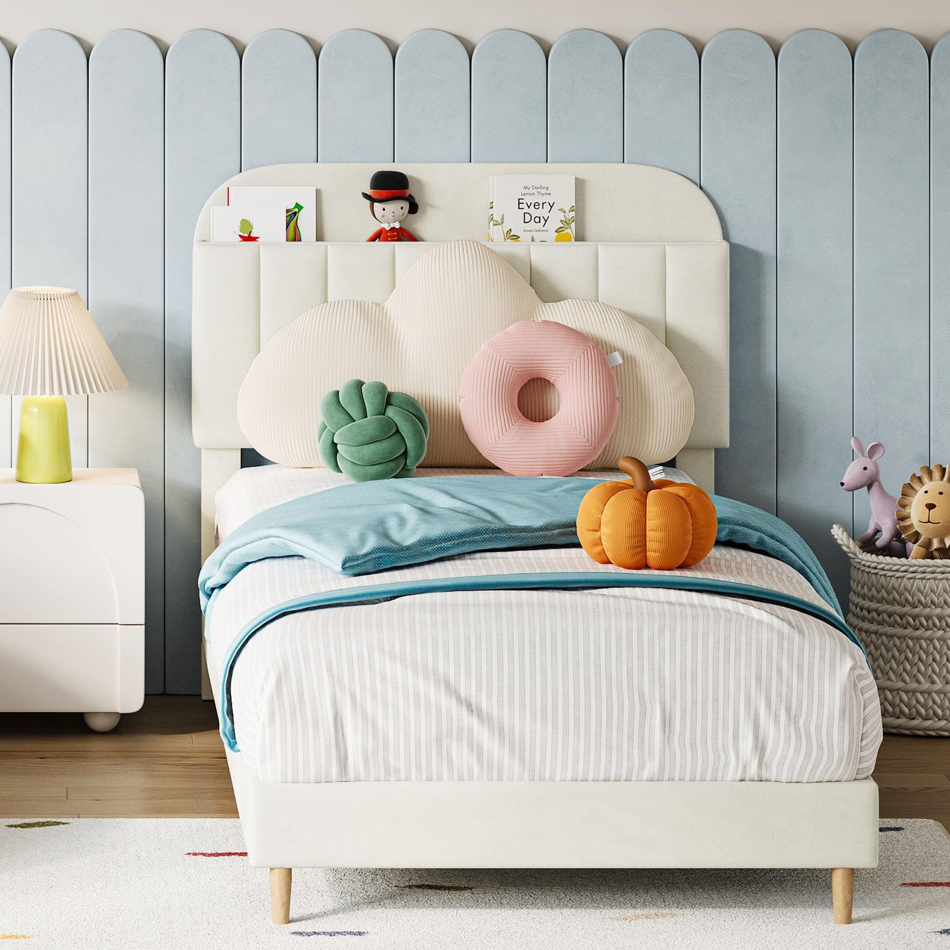 Cadre de lit simple Garvee avec revêtement en velours et tête de lit bibliothèque pour chambre d'enfant, blanc crème, pieds robustes en acier, silencieux, montage facile