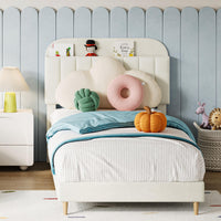 Cadre de lit simple Garvee avec revêtement en velours et tête de lit bibliothèque pour chambre d'enfant, blanc crème, pieds robustes en acier, silencieux, montage facile
