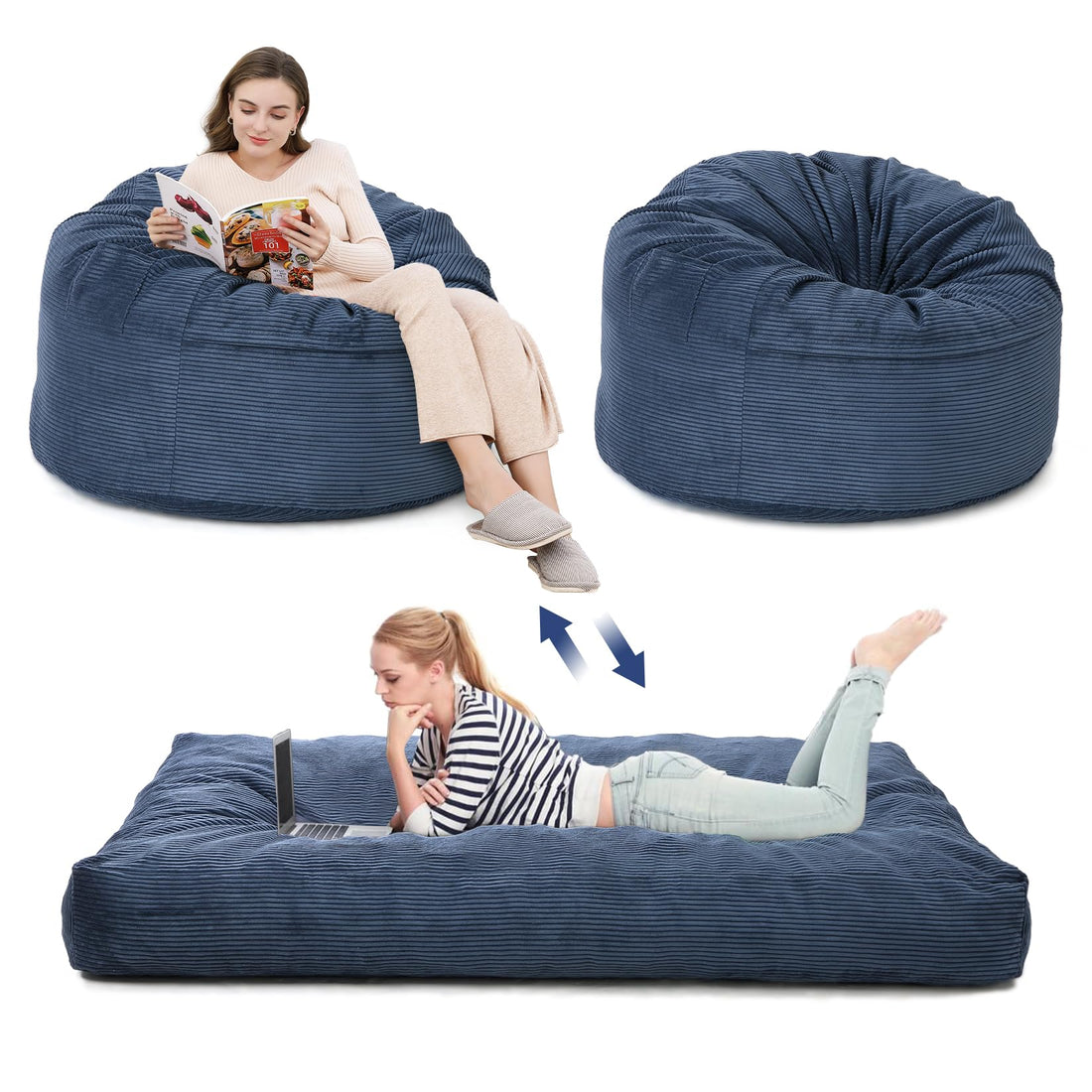Garvee Pouf, 2 en 1, garni de mousse, revêtement en velours côtelé, bleu marine, pour salon et chambre, grand format, confortable