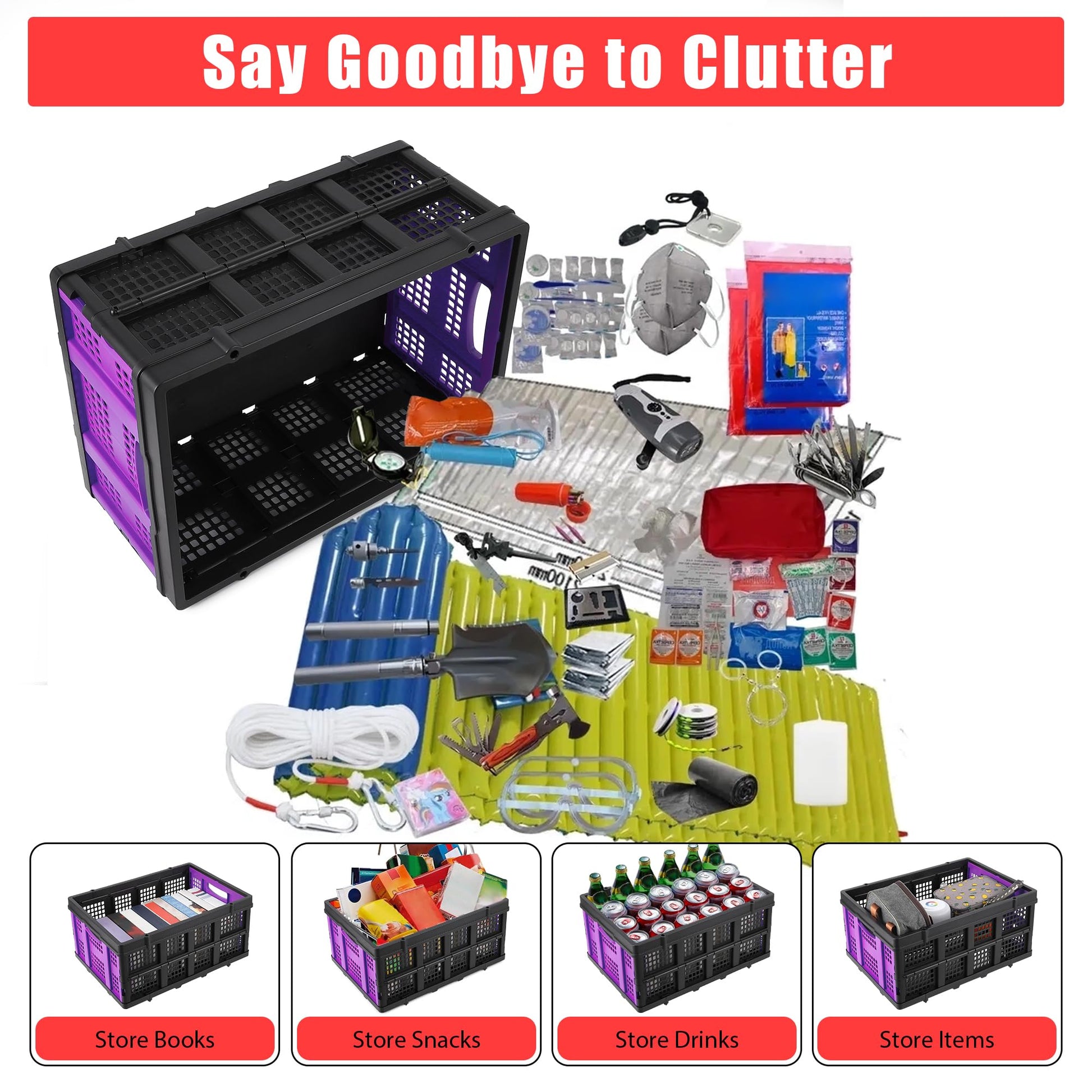 Boîte à lait pliable Garvee 55L en plastique avec poignées, empilable, robuste, pliable pour le rangement et le transport, polyvalente et peu encombrante.
