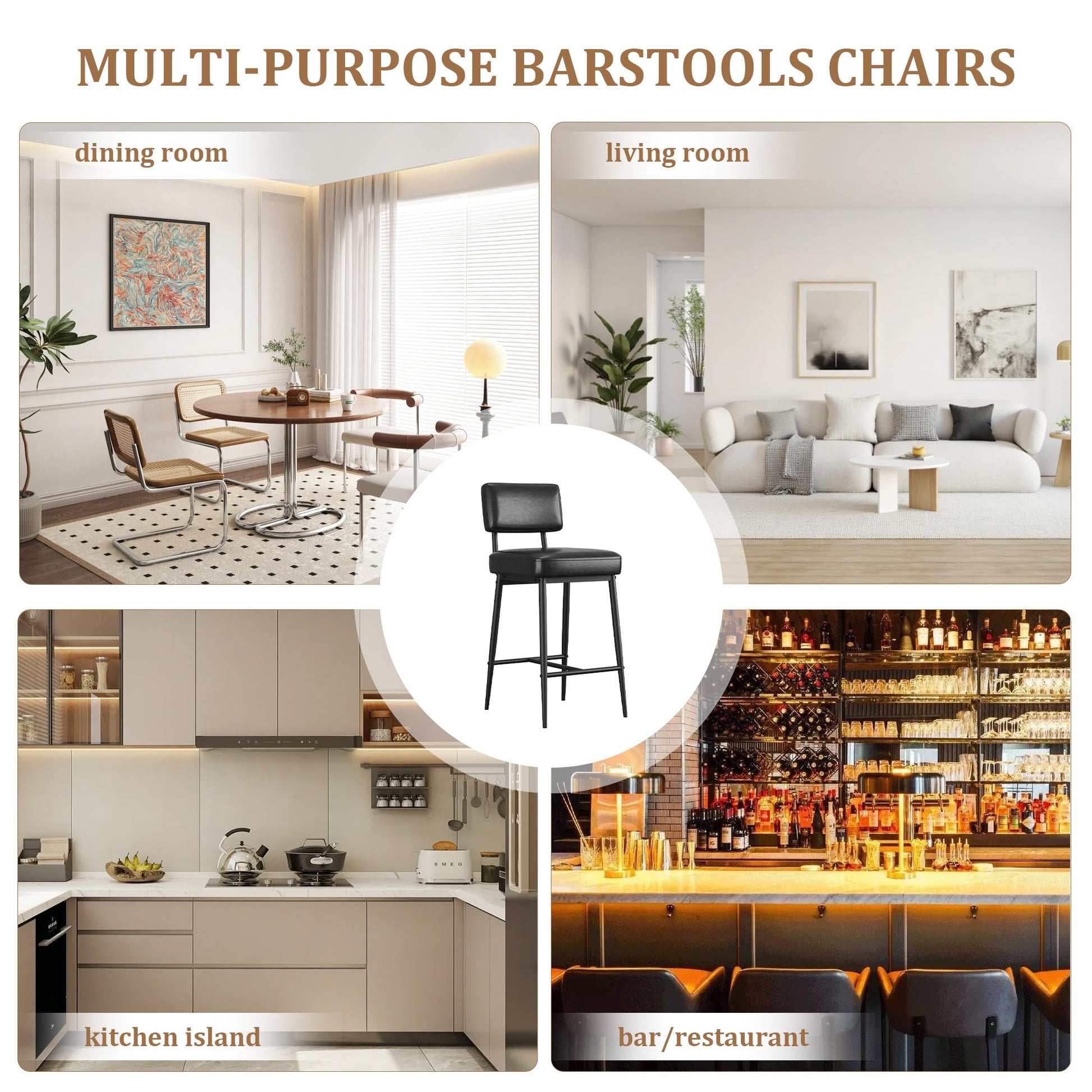 Ensemble de 2 tabourets de bar Garvee, 66 cm (26 po), revêtement en similicuir, dossier ergonomique, pieds en métal, pour îlot de cuisine, noir