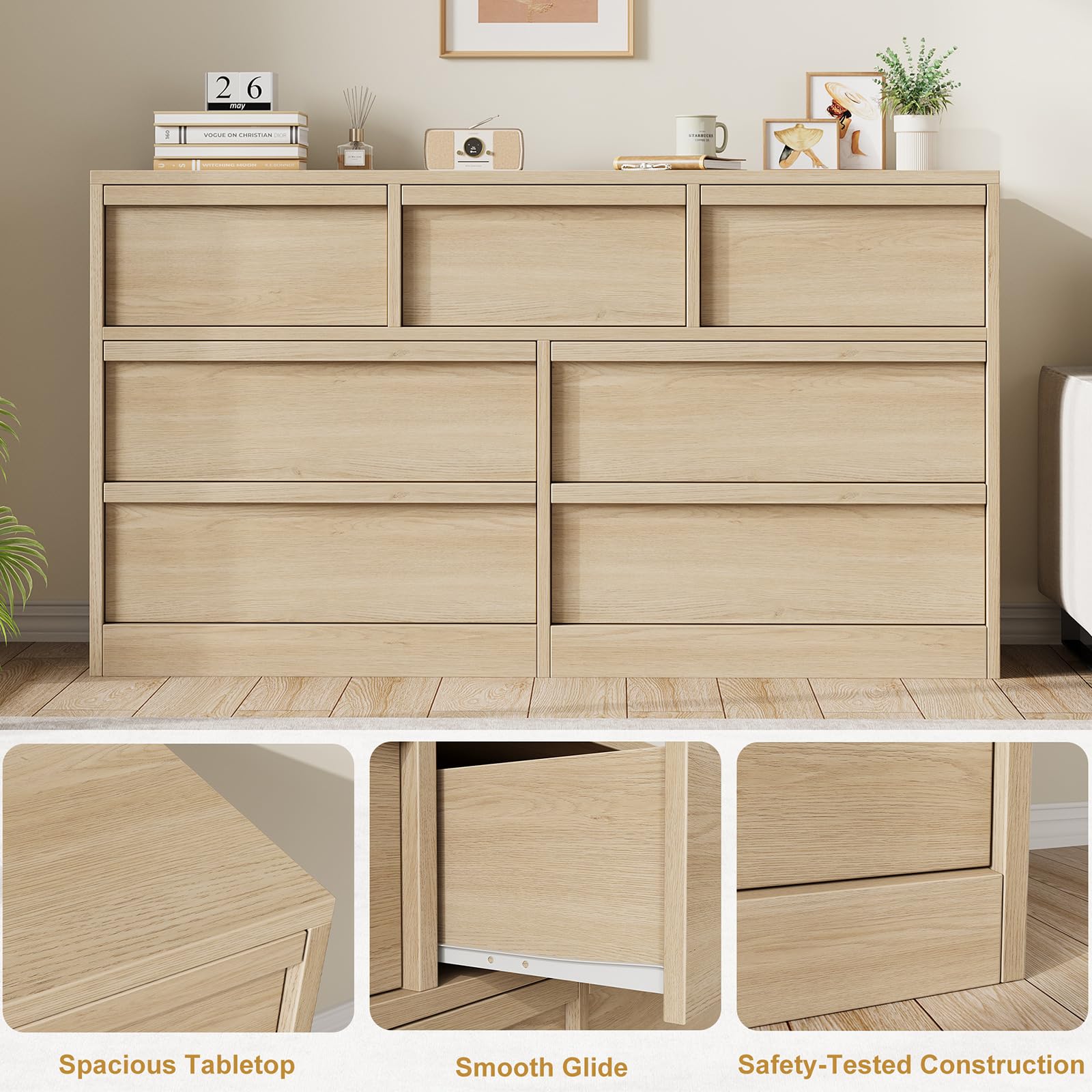 Garvee commode à 7 tiroirs, en chêne, grande capacité de rangement, anti-basculement, idéale pour la chambre et le salon, 137 × 40 × 78 cm, bois naturel