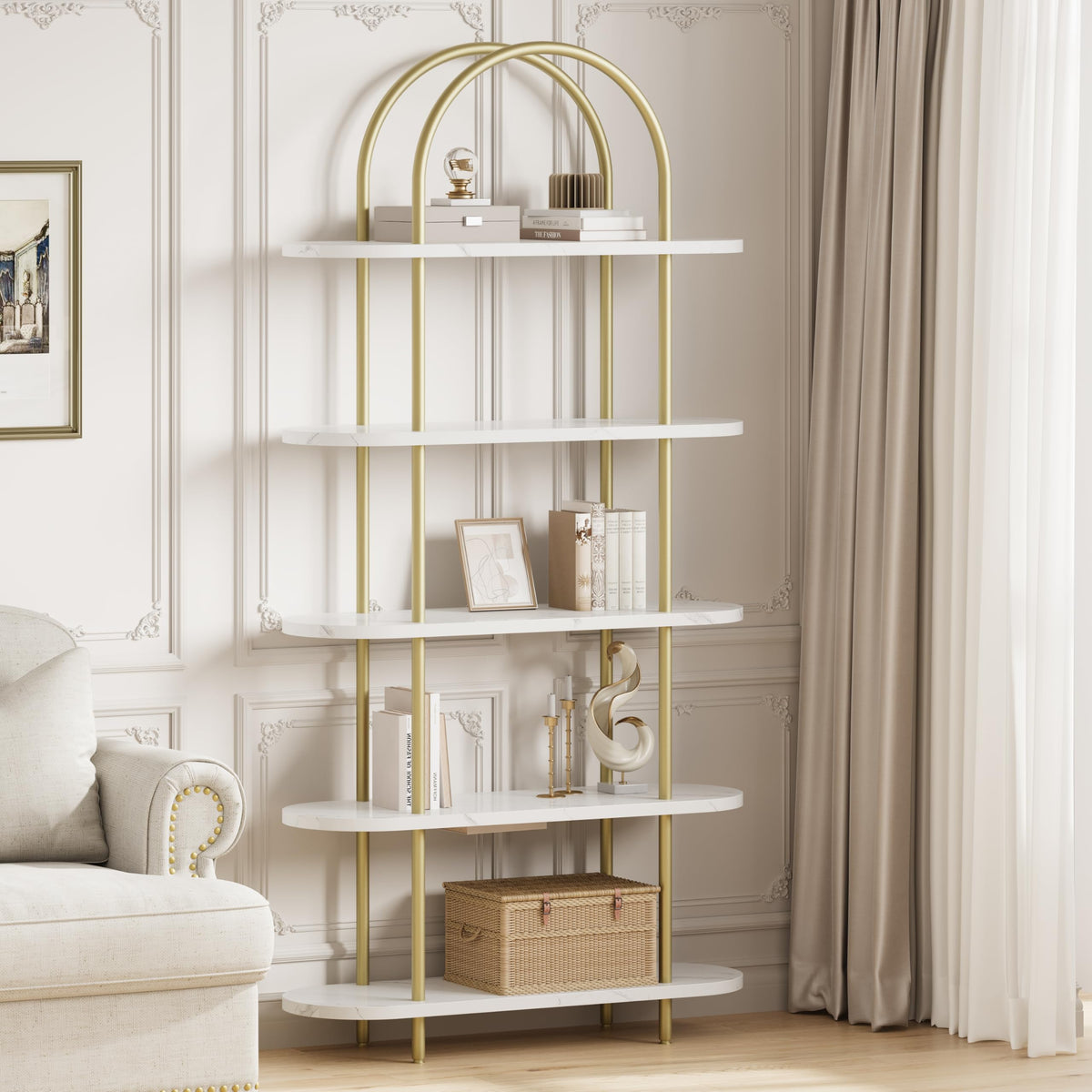 Garvee Étagère arquée 180,3cmà 5 niveaux, structure en métal, finition marbre doré et blanc, pour le salon