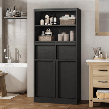 Armoire de salle de bain haute Garvee 130 cm (51 po) avec 2 tiroirs et portes, MDF, imperméable et résistant aux rayures, noir, polyvalente pour la salle de bain et le salon