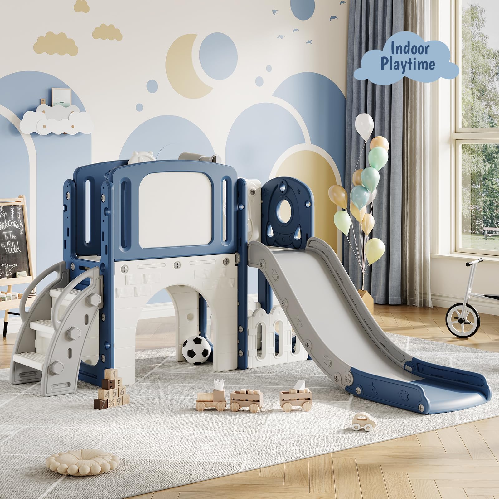Toboggan Garvee 8 en 1 pour tout-petits, avec échelle et panier de basket, stable et sécurisé, en PEHD, pour le jardin et le salon, couleurs vives.
