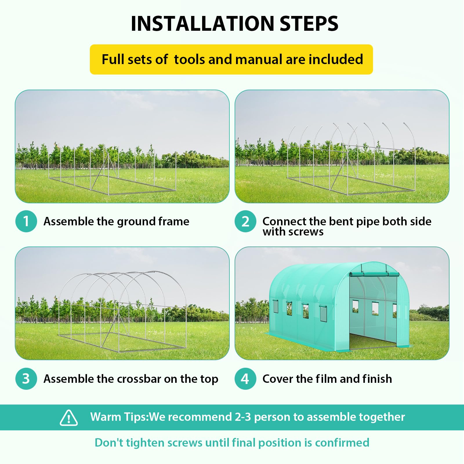 Serre Garvee 2,1 × 4,5 × 2,1 m – Serre à structure métallique avec 2 portes et 8 fenêtres pour le jardin et l'extérieur