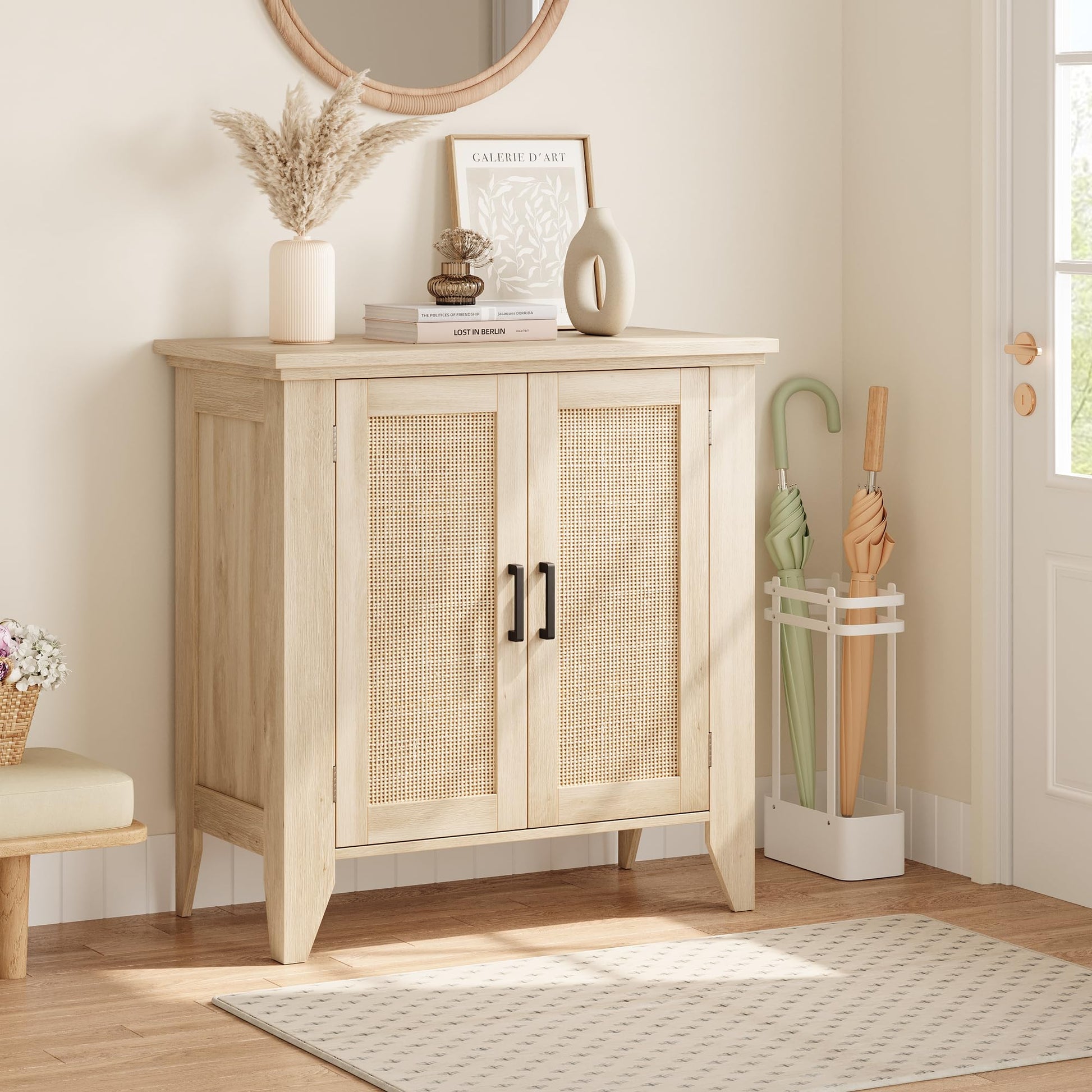 Petit meuble de rangement Garvee avec portes et étagères, buffet en rotin pour salon et cuisine, 76 x 40 x 80 cm, couleur naturelle