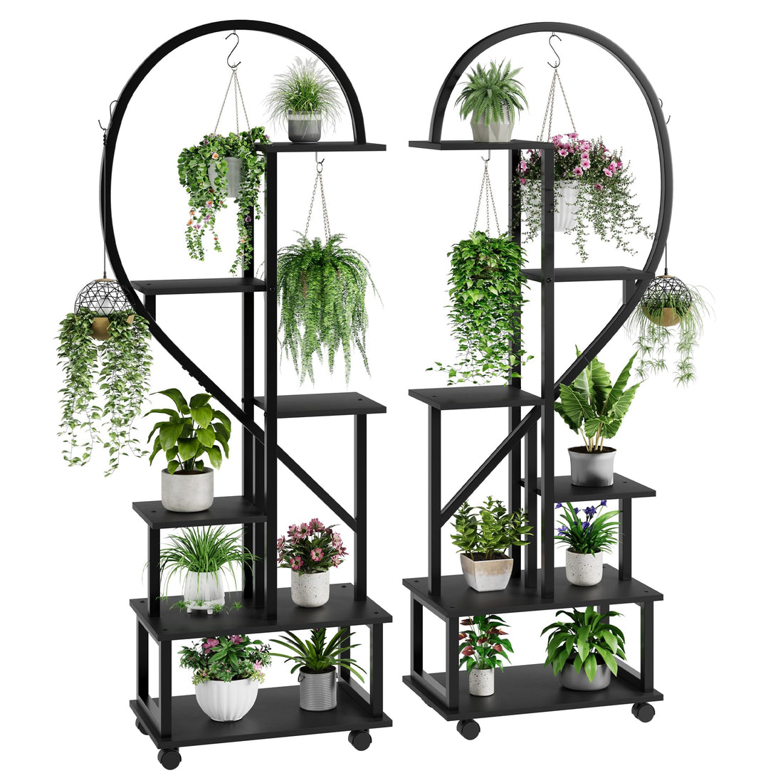Ensemble de 2 supports à plantes Garvee, métal et bois, support à fleurs en forme de demi-cœur pour l'intérieur et l'extérieur, jardin, balcon, terrasse, noir