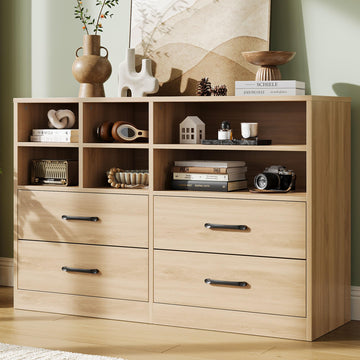 Garvee commode à 4 tiroirs avec 6 compartiments ouverts, étagères réglables, MDF, meuble TV moderne pour la chambre et le salon, chêne, 120 cm (L) × 81 cm (H)