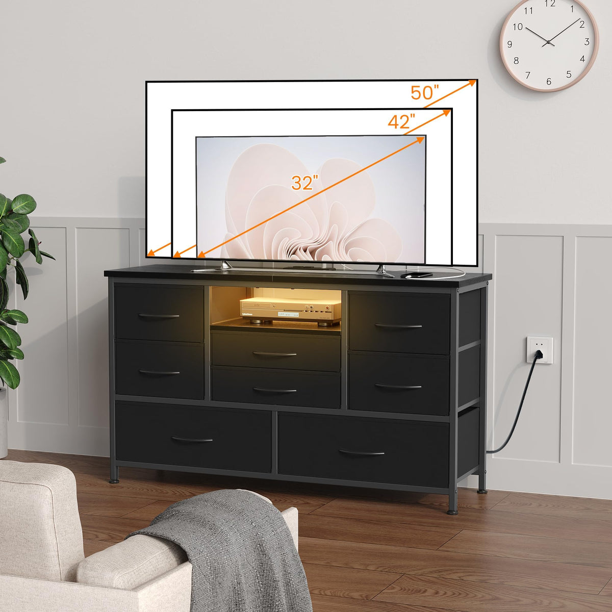 Garvee commode à 8 tiroirs, 3 prises électriques et 2 ports USB, meuble TV avec éclairage LED pour chambre, salon ou entrée, 120 cm, noir