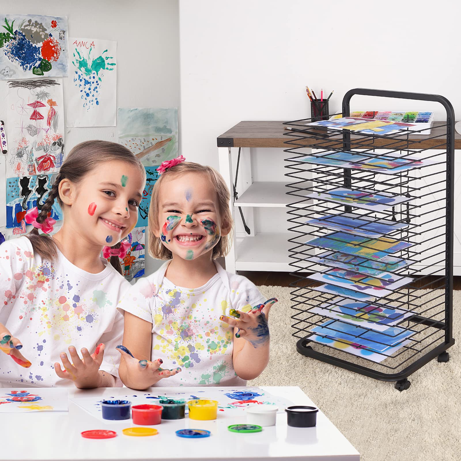 Séchoir à tableaux Garvee 25 cubes, étagère métallique à roulettes pour ateliers d'art et salles de classe, 30,5 cm (P) x 43,2 cm (L) x 99 cm (H), en acier mobile
