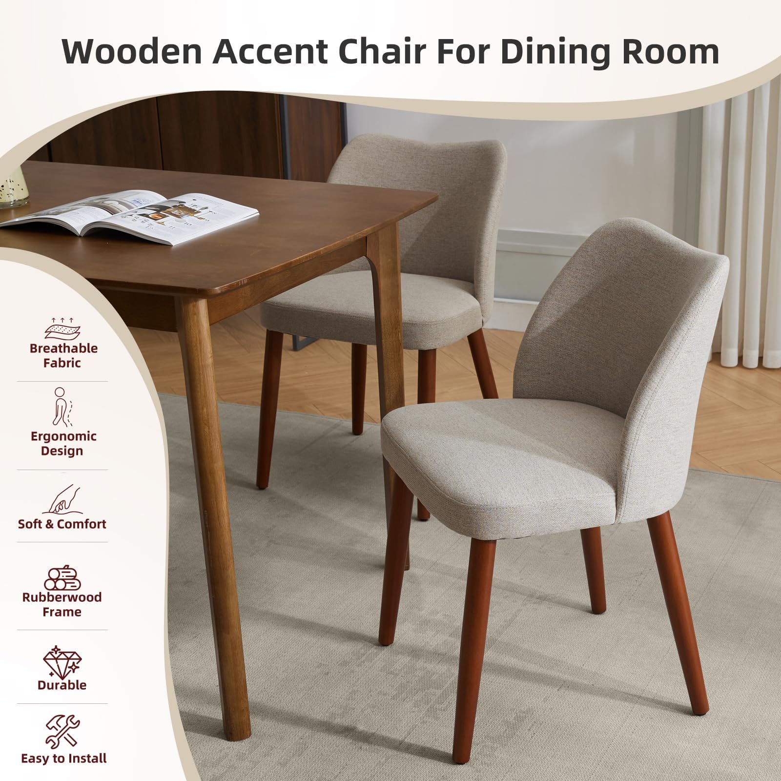 Chaises de salle à manger Garvee, lot de 2, revêtement en tissu et pieds en bois, pour restaurant/café, hauteur 78 cm, style moderne mi-siècle, gris
