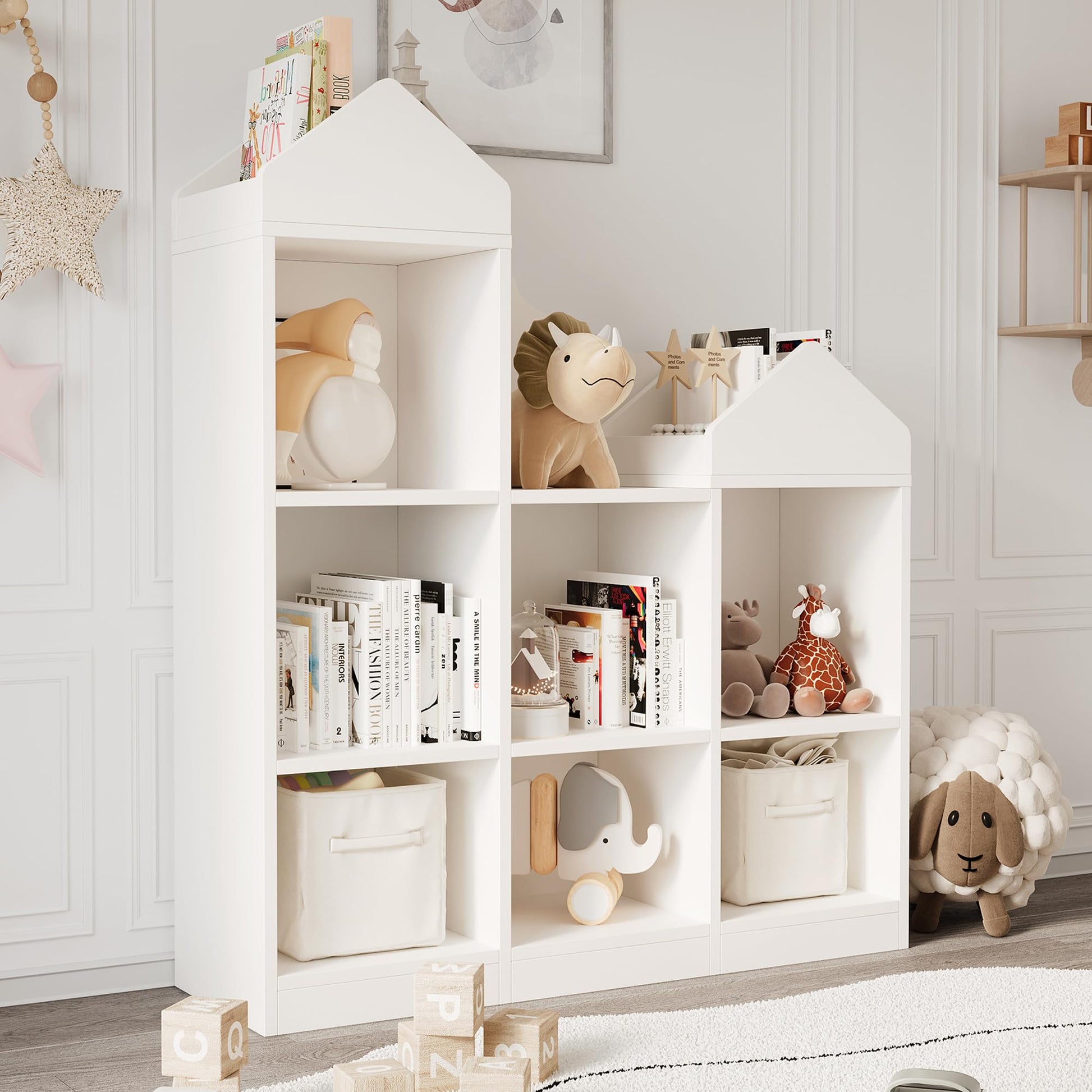 Étagère de rangement pour jouets Garvee, 7 compartiments, en forme de toit, robuste, en bois blanc, pour salle de jeux/chambre d'enfant, 107 x 91 x 30 cm