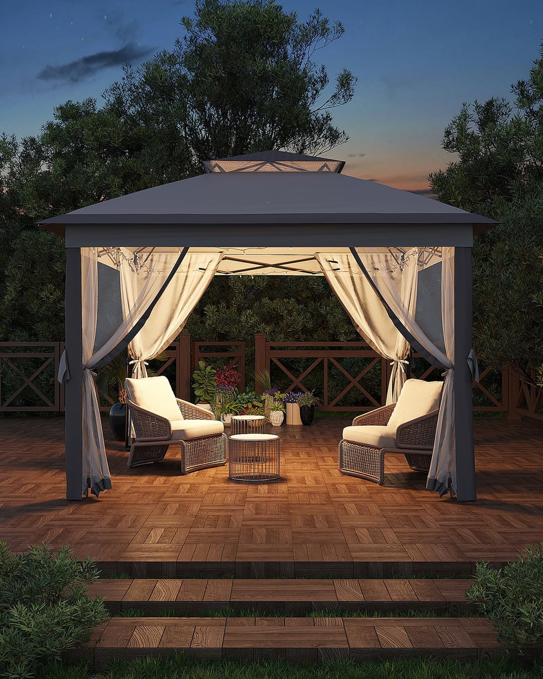 Pavillon pliant Garvee 3,35 m x 3,35 m avec moustiquaire, résistant à l'eau et aux UV, hauteur réglable, structure métallique, résistant au vent, pour jardin et extérieur, gris.