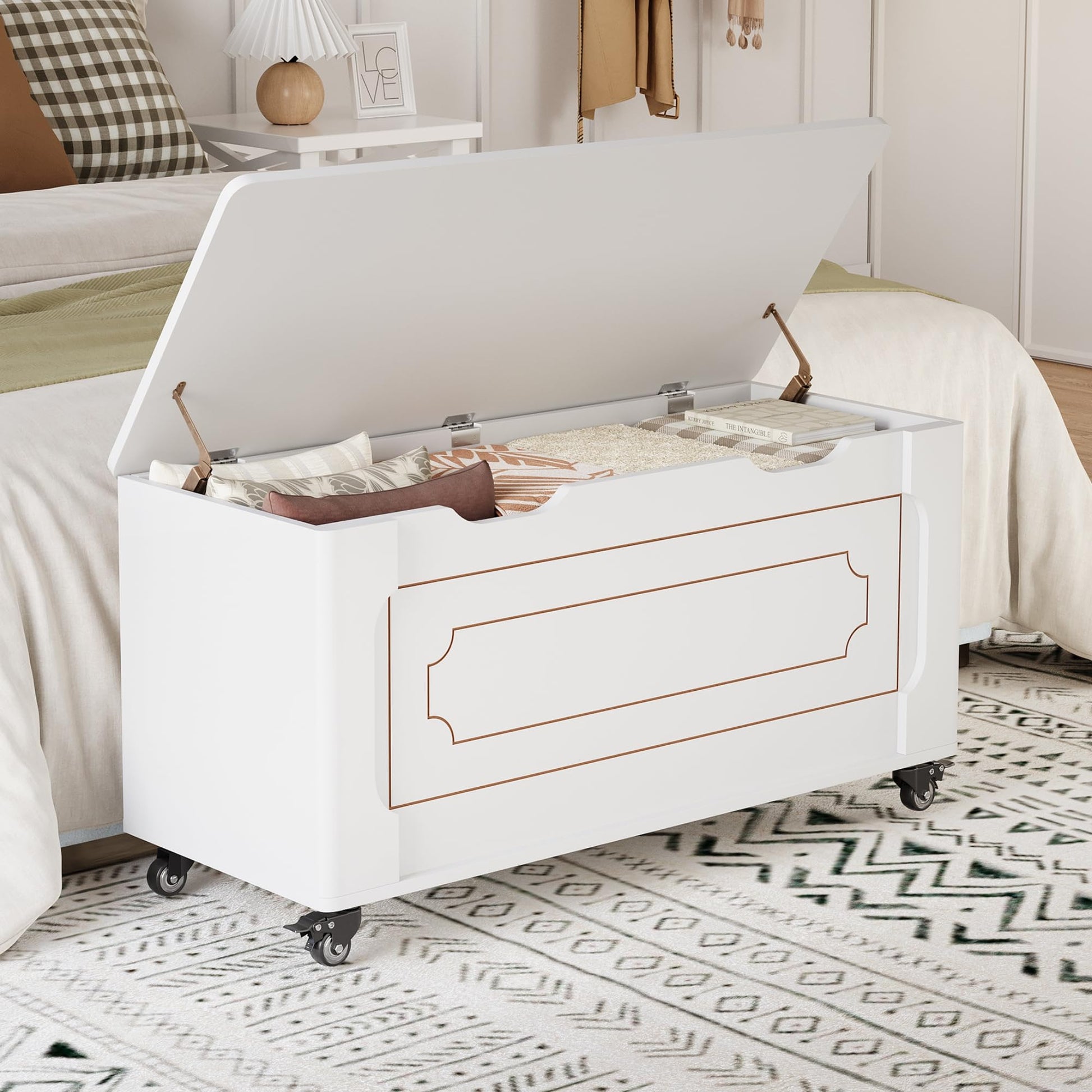 Coffre de rangement Garvee avec 4 roues, 2 charnières de sécurité, banc en bois de 100 cm (39,4 po), capacité de charge de 159 kg (350 lb), blanc, polyvalent pour le salon et le couloir.